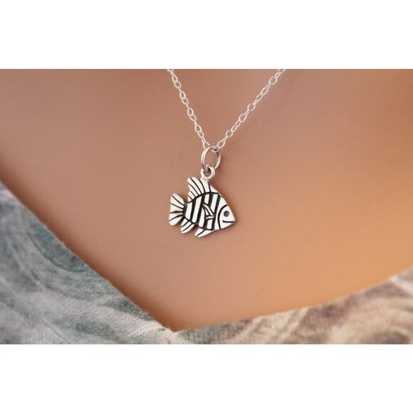 Sterling Silver Tropical Fish Charm Necklace, Tropical Fish Necklace - Picture 1 of 3